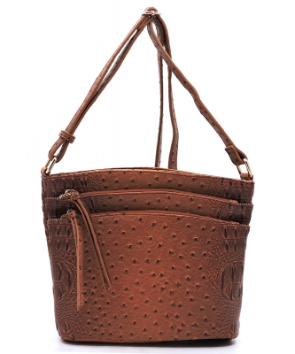 Ostrich Croc Multi Zip Pocket Crossbody Bag OS059 TAN